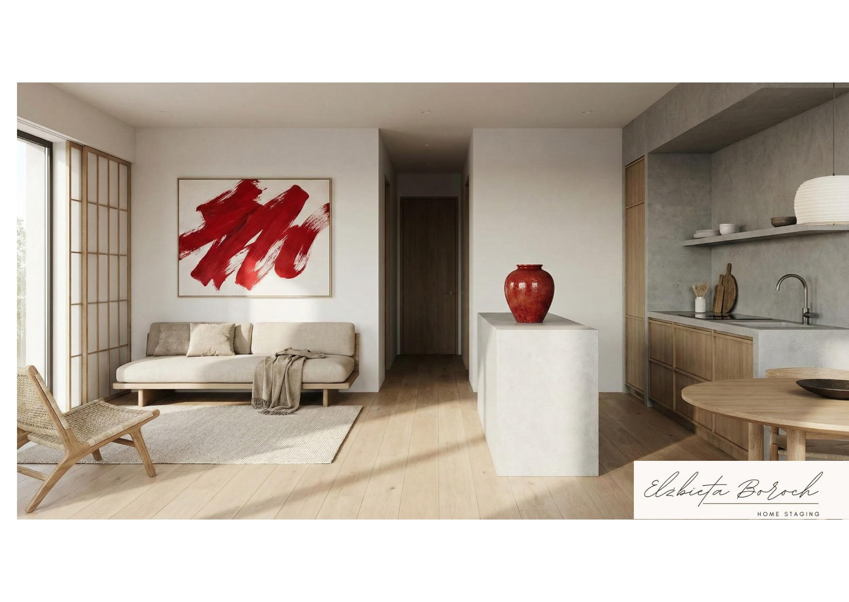 Japandi z czerwonym akcentem